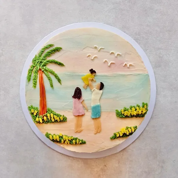 A painted seaside scene under a palm tree